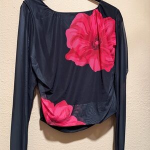 Women's Black Long-Sleeve Top with Pink Floral Accent